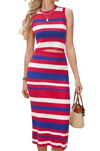 Image of Arach&Cloz Women's Non See Through 2 Piece Sets Tank Top and Midi Skirt Knit Outfits