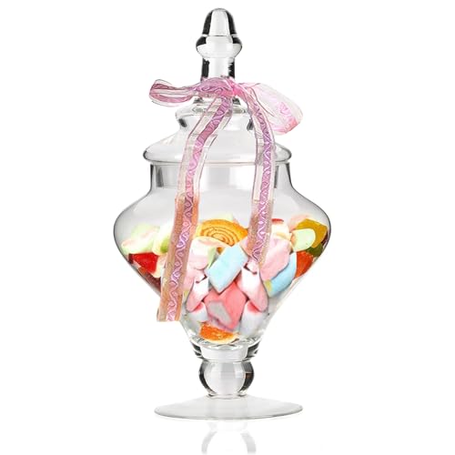 FCQLFYF Candy Jar with Lid, Glass Candy Jar with Lid, Decorative Glass Container, for Wedding & Home, Food, Biscuits, Sweets (with 100 cm Bow) (B)