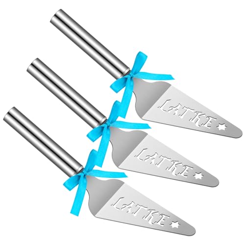 Teenyyou 3 Pcs Hanukkah Gift Stainless Steel Latke Server Chanukah Spatula Jewish New Year Cooking Pie Server with Blue Ribbons for Hostesses Hanukkah Home Kitchen Table Decoration