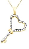 AFFY 0.12 Ct Natural Diamond Key Heart Pendant Necklace in 14K Solid Yellow Gold