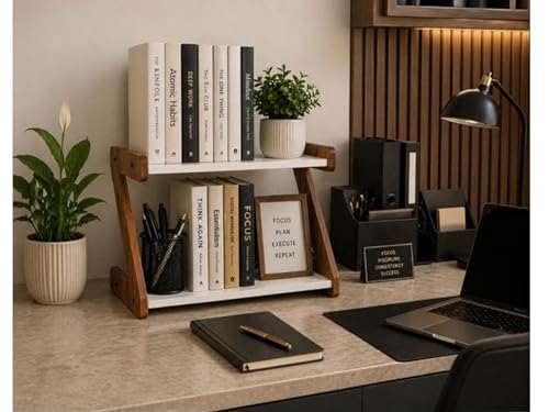 Image of 2 Tier Desktop Bookshelf Organizer for Study Table & Office Desk | Wooden Countertop Storage Rack for Books, Stationery & Decor | Space Saving Tabletop Shelf Organizer | White & Walnut Finish