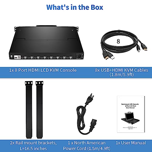 Image of 8 Port HDMI Rack Mount KVM Console 17.3-Inch 1080P with KVM Cables, Standard 1U Height KVM Switch Drawer+ Rackmount Monitor+ Keyboard+Touchpad, OSD /Hotkey /Button Switching, Fits 19'' Rack