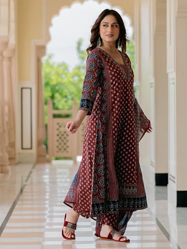 Image of Arayna Women's 100% Pure Cotton Printed Ethnic Suit | A-Line Kurta Set with Pant & Dupatta