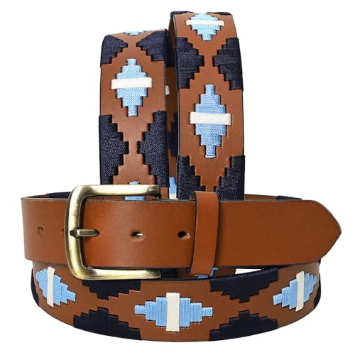 Western Brown Full Grain Genuine Leather Men & Women Belt Embroidered Black Light Blue & White Removable Buckle
