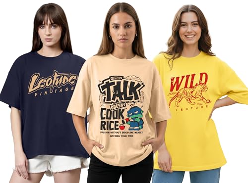 Image of LEOTUDE Half Sleeve Cottonblend Oversized Tshirt for Women, Round Neck Longline Printed Raglan Sleeve Colourblocked Drop Shoulder Baggie T-Shirt Top for Woman (Color Pink)