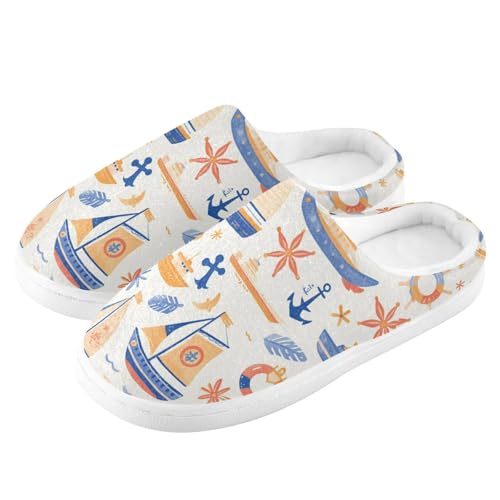 JUNZAN Blue Boats Anchors Womens Cotton House Slippers Closed Toe Memory Foam Indoor Slippers for Outdoor Birthday Presents 6-74