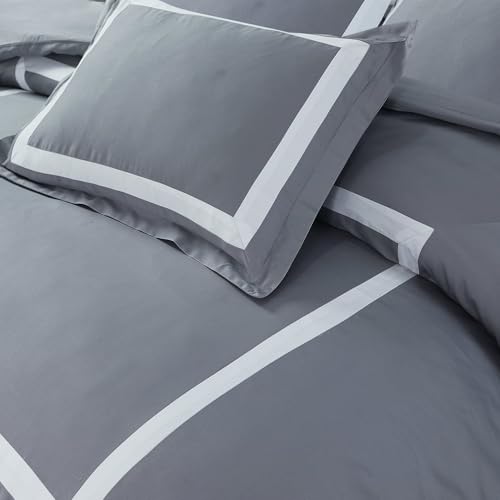 Majestic Giftware Madison Linen 8-Piece Twin Size Bedding Set (BL3-T-2) | Province Hotel Collection-Gray-White Tape 400 TC Cotton Sateen | 2 Fitted Sheets, 2 Duvets, 4 Pillowcases