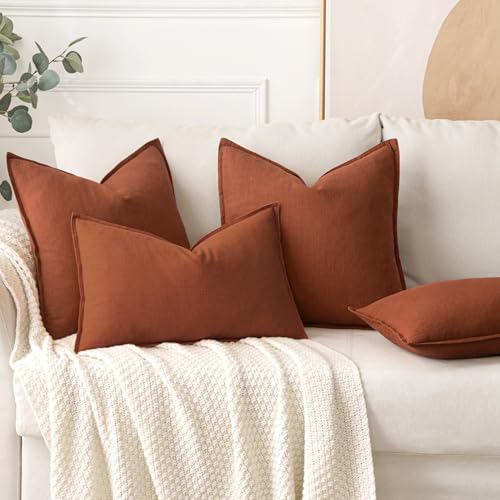 Image of MIULEE Decorative Linen Pillow Covers 18x18 Inch Rust Boho Farmhouse Neutral Couch Throw Pillows for Bed Pack of 2 Accent Modern Pillowcase Summer Sofa Livingroom Home Decor