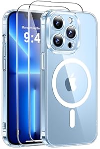 Qasyfanc Coque Magnétique pour iPhone 13 Pro Compatible avec MagSafe avec 2 Verre trempé Protection écran, Anti-Jaune Antichoc Caméra Protecteur pour iPhone 13 Pro-Transparente