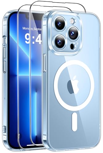 Qasyfanc Magnetisch Hülle für iPhone 13 Pro mit 2 Schutzfolie, Vollständiger Kameraschutz, Handyhülle Kompatibel mit MagSafe, Anti-Vergilbung Rückseite Schutzhülle Kratzfest Stoßfest Case Transparent
