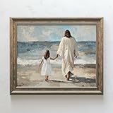 Walk by Faith, I am a Child of God, Baptism Wall Art, Jesus Walk with Girl on Beach, Baptism Gift, Christian Wall Art (11x14 inch Print Unframed)