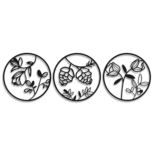 Dkant Cuadros Decorativos (25x25 cm) - Set de 3 Cuadros de Metal de Plantas - Decoracion Pared para Habitacion, Salon, Cocina y Oficina - Natural y Moderno - Facil Fijacion (Redondas)