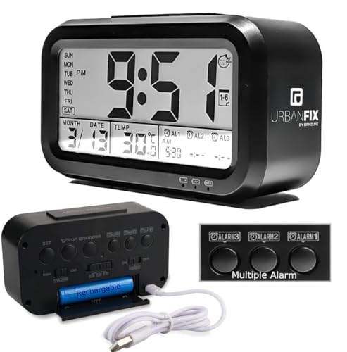 Image of Bulfyss USB Rechargeable Digital Alarm Clock, Date, Temperature, Backlight LCD Display Smart Clock with 3 Alarms Bedroom Table Desk (Black)