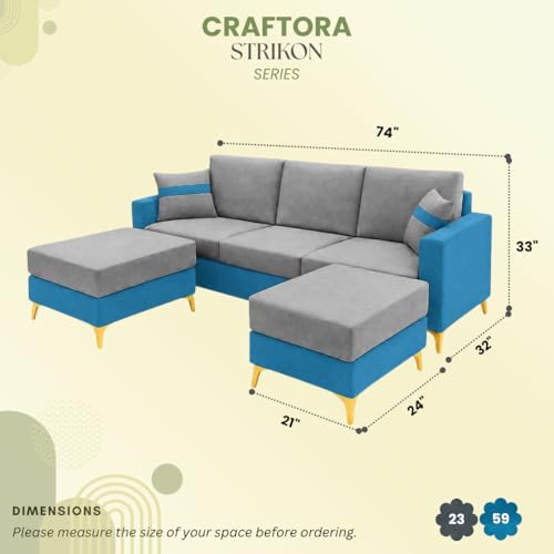 Image of Strike Dual Tone Plush 5 Seater L Shape Sofa Set with 2 Movable Ottomans | Flexible Layout | Silken Velvet Suede|Golden Metal Legs| for Living Room & Office Spaces (Aqua Blue & Dark Grey)