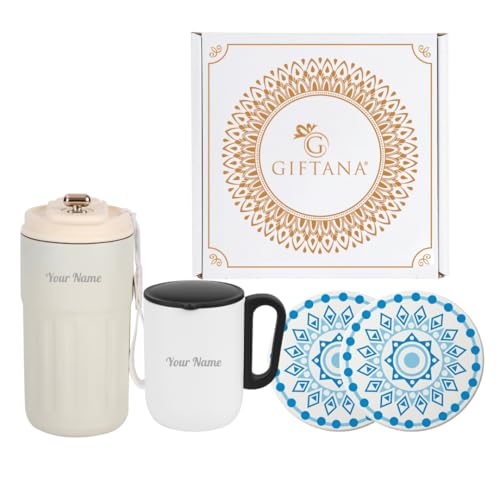 Image of Giftana 3 in 1 Personalized Tumbler 420ml with Coffee Mug & 2 Coasters - Customized Gift Set for Men & Women, Ideal for Husband, Father, Corporate Gifts for Employee (White)