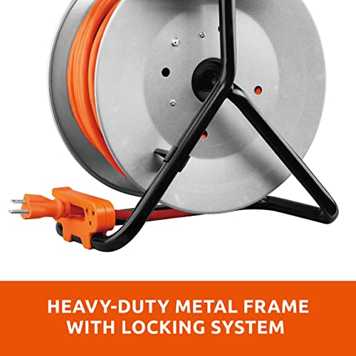 Link2Home Contractor Grade Retractable Extension Cord Reel 75 Ft. with 4 Outlets & Heavy Duty/High Visibility 3-Prong SJTW Cord