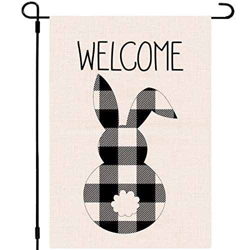 Whaline Welcome Easter Bunny Garden Flag White Black Buffalo Plaid Easter Rabbit Yard Flag 12.5 X 18" Double-Sided Spring Holiday Burlap Outdoor Flag Waterproof Farmhouse Outdoor Decor For Law Patio #TOP26