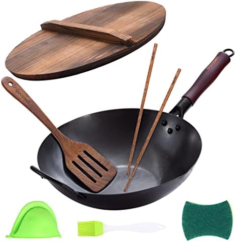 XEEYAYA Carbon Steel Wok Pan with Lid, Chinese Flat Bottom Woks and Stir Fry Pans, 12.5" Hand Hammered Traditional Wok for Electric, Induction & Gas Stoves
