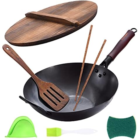 Xeeyaya - Wok de acero al carbono con tapa y accesorios Cover