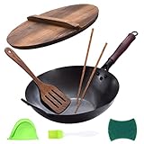 XEEYAYA Carbon Steel Wok Pan with Lid, Chinese Flat Bottom Woks and Stir Fry Pans, 12.5' Hand Hammered Traditional Wok for Electric, Induction & Gas Stoves