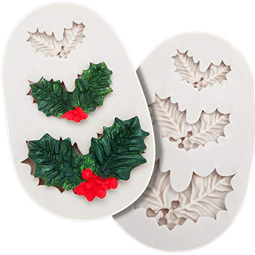 2 Pieces Holly Leaf Mold Christmas Holly Silicone Mold Cake Fondant Mold Polymer Clay Mould for Cake Cupcake Decorating Chocolate Craft Gum Paste Making