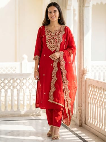 Image of INDO ERA Women's Embroidered Viscose Rayon Straight Kurta Pant with Dupatta Set