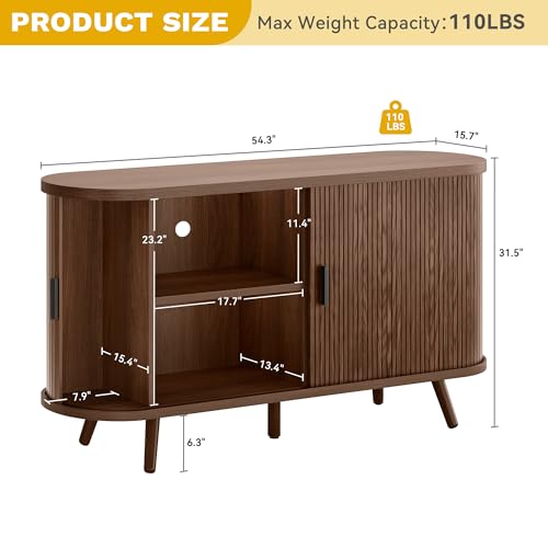DWVO Fluted Sideboard Buffet Cabinet with Storage,54.3" Wide Curvy Edge Accent Storage with Sliding Door & Adjustable Shelf, Mid Century Modern Console for Living Room, Kitchen, Hallway-Walnut