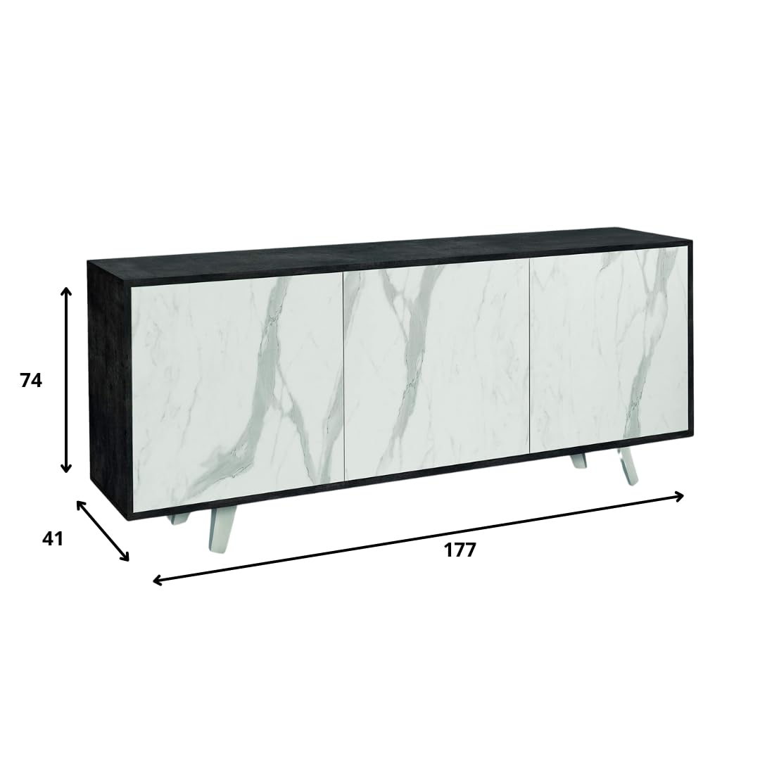 Sarmog Mobile 3 ante, Madia soggiorno moderna, Mobile tv, Madia soggiorno, 3 ante apertura push pull, Made in Italy, Kit 74x177x41 (Ossido nero/Marmo calacatta)