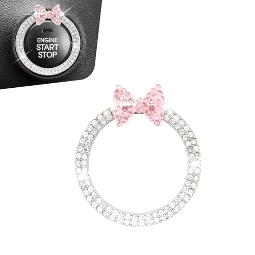 Teybouk Bow Tie Push Start Button, Alloy Rhinestone Decorative Ignition Ring, Bling Car Start Stop Button Cover, Universal Interior Car Accessory (White)