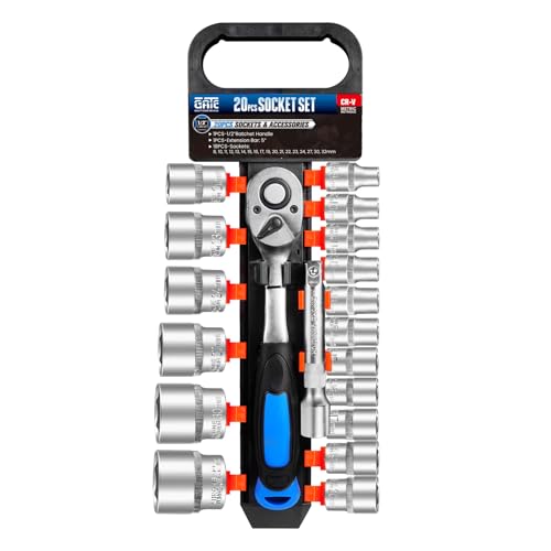 Image of 20 PCS 1 /2 inch Drive Metric Socket Wrench Set,90-Tooth Reversible Ratchet Handle,6 Point Shallow Sockets (8-32mm) and Extension Bar 5 inch, CR-V Steel, Car Repair Set
