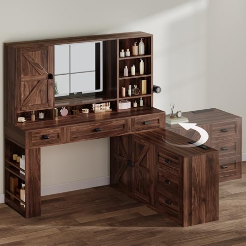 DWVO L Makeup Vanity Desk with Mirror and Lights, Farmhouse Big Lighted Vanity Table Set with 6 Drawers and Cabinet Shelves, 360° Rotation Large Dressing Table for Bedroom, Brown