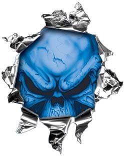 Reflective Mini Rip Torn Metal Bullet Hole Style Graphic Decal/Stricker with Blue Demon Skull