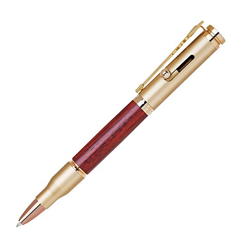 X2 Depot Brass/Rosewood Bullet Shaped Ballpoint Pen with Rifle Design Clip, Satin Gold