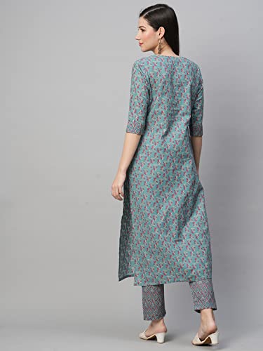 Image of GoSriKi Women's Cotton Blend Printed Straight Kurta With Pant