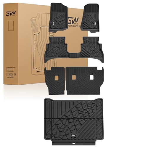 3W Floor Mats & Cargo Liner & Backrest Mats for Jeep Wrangler 4XE 2021-2024 2025 (Non JL/JK), All Weather TPE Rubber Heavy Duty Wrangler 4XE Accessories (Hybrid & 4 Door with Subwoofer)