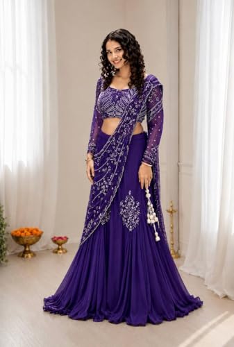 Image of Lehenga choli Womens And Girls Soft Crep Silk Saree With Full-Stitched Blouse With Embroidery Work Wedding navratri party letest