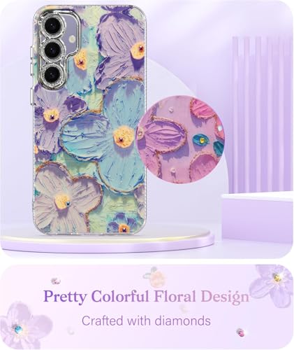 Image of VONZEE Samsung Galaxy S23 5G Case, Laser Flower Oil Painting Design, Cute Colorful Blue Ray Bumper, Full Camera Protection, Shockproof PC+TPU Glossy Shiny Protective Cover for Women & Girls, Green