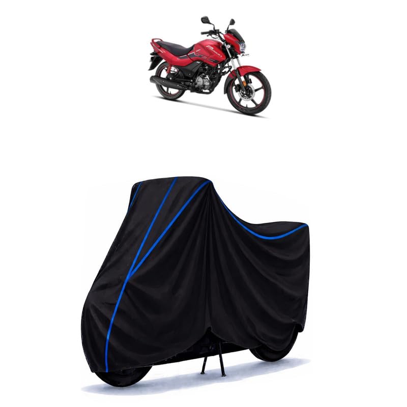 Image of Hero Passion Pro 110 Bike Cover Water Resistant Universal Motorcycle Rain | Heavy Duty UV Protection, Dust, Scratch Indoor Outdoor All Weather with Black Blue Piping Elastic