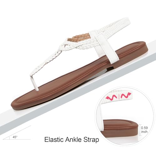 Image of iCKER Womens Braided T‑Strap Flat Sandals Elastic Stretch Ankle Strap | Boho cute casual lightweight and comfort matches dresses for beach vacation