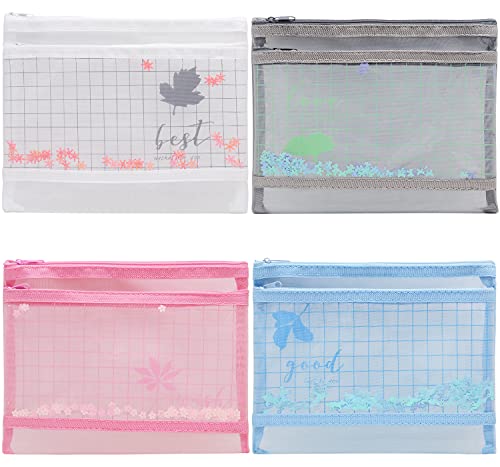 Federmäppchen mit Reißverschluss, Netzstoff, B6, transparent, Dokumentenmappe, Reißverschluss, durchsichtig, bedruckte Organizer-Tasche für Studenten, Schulbedarf (4 Stück) (A5) thumbnail