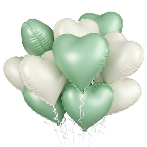 Image of Sage Green White Heart Balloons, 10PCS Green Beige Foil Heart Balloons, 18inch Olive Green Cream White Heart Shape Balloons for Neutral Jungle Birthday Baby Shower Valentines Wedding Party Decorations