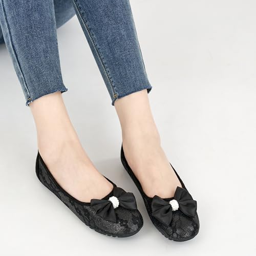 HARENCE Ballet Flats for Women Dressy: Comfortable Round Toe Bow Lace Mesh Wedding Flat Casual Slip On Walking Work Dress Shoes2