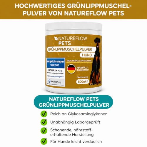 Grünlippmuschel Hund TESTSIEGER - 500g natürliches Grünlippmuschelpulver für Hunde - Unterstützung der Gelenkfunktion - Grünlippmuschel für Hunde mit Hoher Akzeptanz - Grünlippmuschelpulver Hund