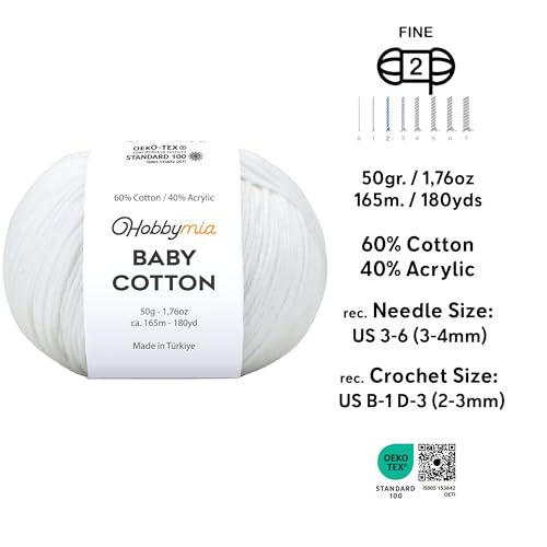 Image of Baby Cotton Blend Yarn - Soft Sport Weight Yarn for Crochet & Amigurumi - 50g /180yds - 60% Cotton 40% Acrylic - Ideal for Baby & Knitting Proj.(White, 1 Ball)