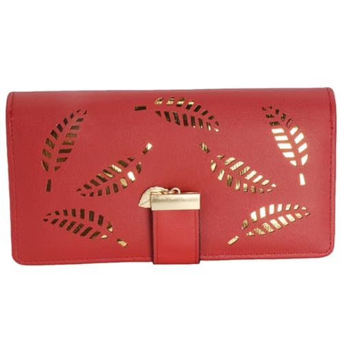 Women's long wallet, hollowed-out gold leaf pattern, double-folding zipper double-layer bag, 12 card slots, large-capacity zipper seal, 3.74 × 7.48 inches, burgundy color