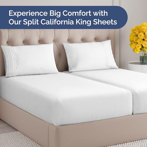 Image of Split California King Bed Sheet Set - 5 Piece Split Cal King Sheets - White | Ultra-Soft, Breathable & Cooling - Comfy, Wrinkle & Fade Resistant - Fits 8 inch to 16 inch Inch Mattress with Deep Pockets