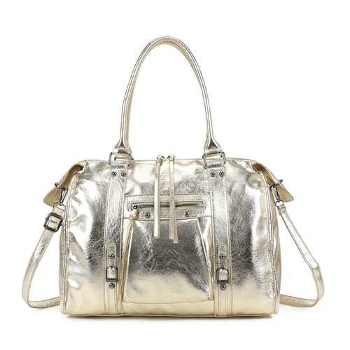 Double Tree Sac à Main Cabas Femme Irisé Pour Les Cours - Sac Bowling Fourre-Tout Travail Format A4 - Similicuir Brillant Détails Argenté ou Doré - Chic Tendance...