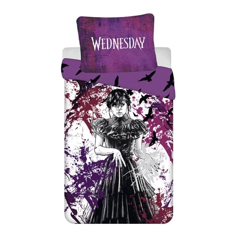 Jerry Fabrics Wednesday Raven Bed Linen Set | Elegant Noir | Duvet Cover 140x200 cm & Large Pillowcase 70x90 cm | Soft, Durable & Machine Washable | Bedding Set for Wednesday Fans & Teen