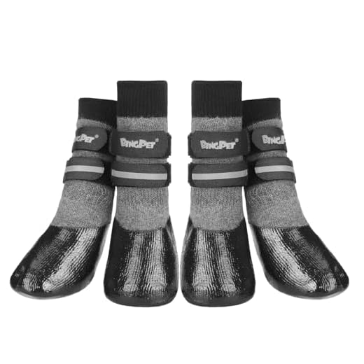BINGPET Dog 4 Pack Socks, Anti-Slip Waterproof Paw Protector Fabric with Resin, Reflective Straps Strong Traction Control for Indoor & Outdoor Wearing