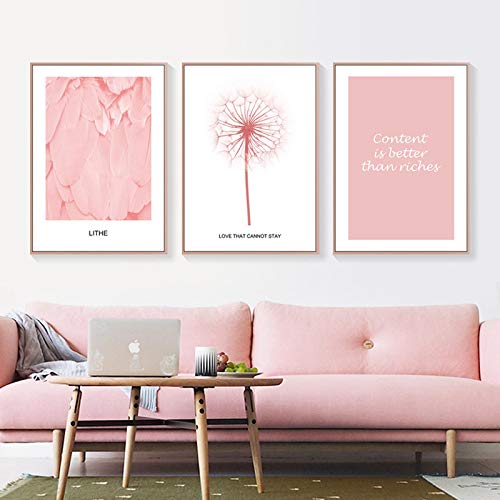 Art mural rose triptyque pour habiller un grand mur vide de salon affiche fleur pissenlit 3x